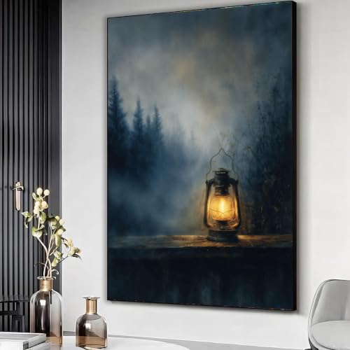 Lueur de lanterne tableau vintage forêt brumeuse art mural poétique toile