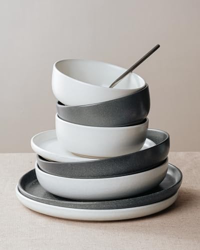 Image of Famiware Milkyway Plates and Bowls Sets, 12 Pieces Dinnerware Sets, Reactive Glaze Dish Set, Stoneware Dishes Set for 4, Matte Beige White & Matte Dark Charcoal