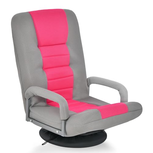 LIFEZEAL Silla de Suelo Giratoria 360°, Sofá Perezoso Individual con Reposabrazos, Sillón de Pie Acolchado con 5+2 Niveles Ajustables, para Salón y Dormitorio (Rosa)