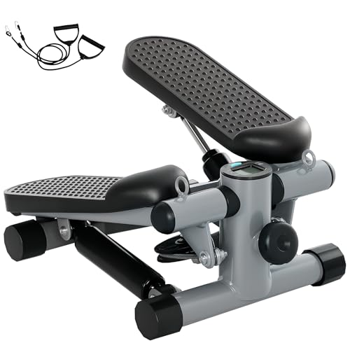 SPORTNOW 2 in 1 Mini-Stepper für Zuhause mit Power Ropes, Up-Down Swing Stepper mit LCD-Display, Stepper Hometrainer bis 100 kg für Bein-/Armtraining, Home Office Fitness Exercise, Grau