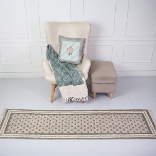 Image of Peepul Tree Pure Cotton Hand Block Printed Rug in Green and Dusty Pink Colours with a Floral Design | Modern Carpet Durries for Living Room, Bedroom | 2 x 7 Ft | The Royal Courtyards Collection