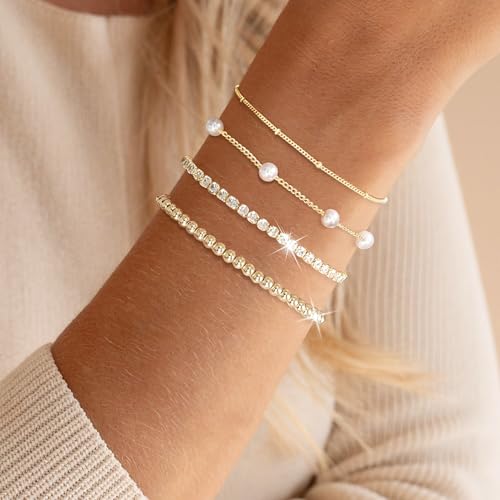 Pearl Bracelets for Women Tennis Bracelet Dainty 14K Gold/Silver Plated Beaded Bracelets for Women Cubic Zirconia Bracelet Stack Pearl Jewelry Set2