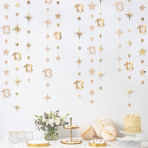 Image of Champagne Gold 13th Birthday Decorations Number 13 Circle Dot Twinkle Star Garland Glitter Streamer Banner Backdrop Girls Boys Cheers to 13 Years Old Birthday Official Teenager Party Supplies