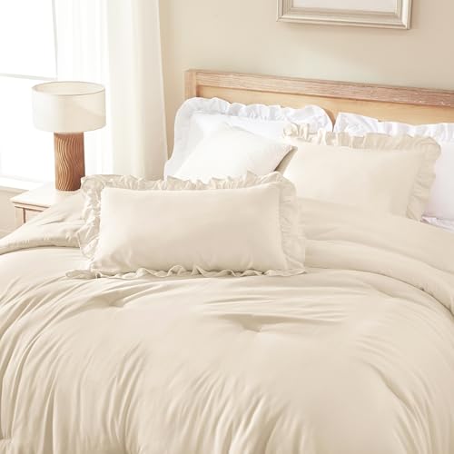 Image of Andency Beige Comforter Set Queen Size, 3 Pieces Shabby Chic Ruffle Bedding Comforter Sets for Queen Bed, Lightweight Fluffy Soft Microfiber Farmhouse Comforter Set