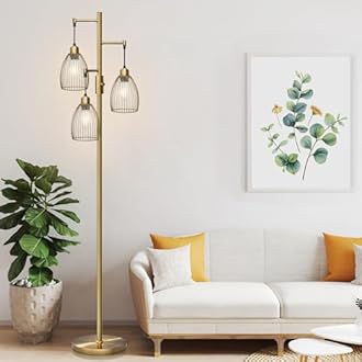 Torondo Dimmable Floor Lamp, Industrial Floor Lamps for Living Room, Antique Brass Tree Shape Floor Lamp, Tall Lamps with 3 Stylish Shaped Cage Heads