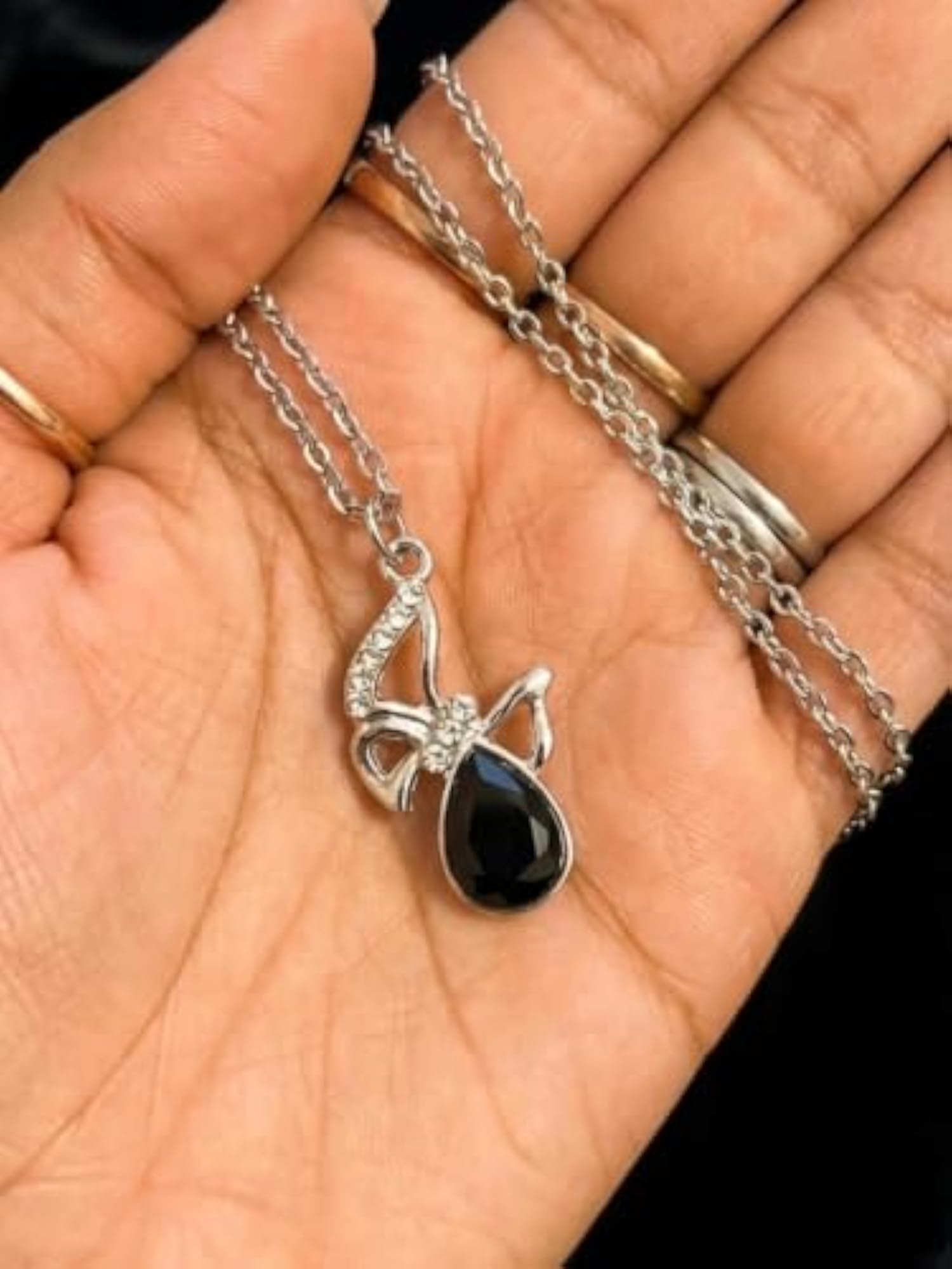 Women's Silver Black Teardrop Stainless Steel Pendant Necklace