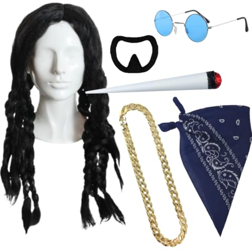 Déguisement de rappeur des années 90 pour homme avec perruque de dreadlocks noires, fausse bouc, chaîne dorée, bandana bleu, blague et lunettes hippies bleues – Déguisement d'Halloween