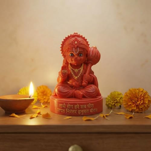 Image of Baal Hanuman Idol Red Murti Sitting Pose with Gada | 8cm Height | 3D Printed | Hanuman Chalisa Doha Inscribed Base | Home Temple | Car Dashboard Decor | Devotional Figurine