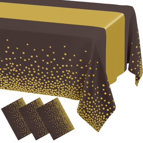 Image of Smiry Plastic Table Cloth Disposable 3 Pack, 54 x 108 Inch Rectangle Waterproof Tablecloth, Printed Gold Table Runner Style for Birthday Weeding, Party Decorations, Leakproof & Sturdy, Gold and Coffee