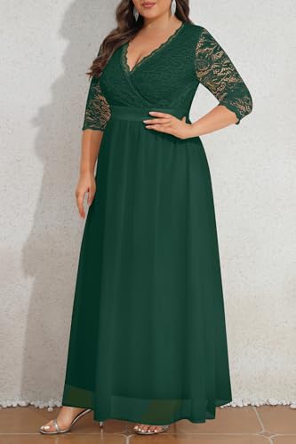 Image of Pinup Fashion Wedding Dresses for Bride Plus Size - Formal Evening Gown Wrap Neck Lace Chiffon Long Dress