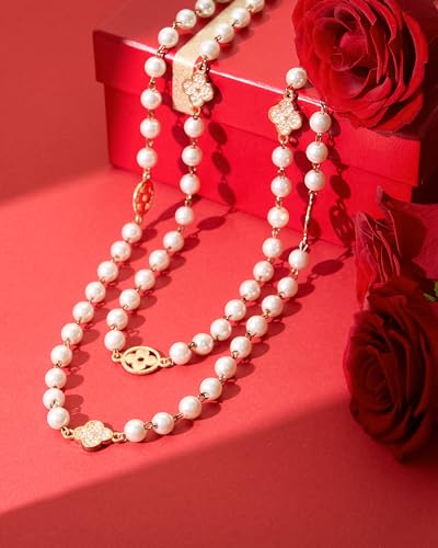 8MM Round Simulated Shell Pearl Strand Layered Necklace for Women, Dainty Multiple Strands Long Necklace for Party, Vintage Costume Jewelry3