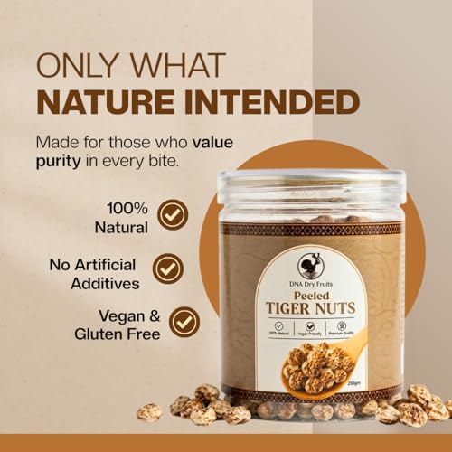 Image of DNA Dry Fruits Premium Peeled Tiger Nuts | 250g | Natural Energy Booster, Fiber-Rich Superfood, Natural, Gluten-Free Snack | Crunchy & Nutty Taste | Heart, Gut & Blood Sugar Friendly (Pack of 1)