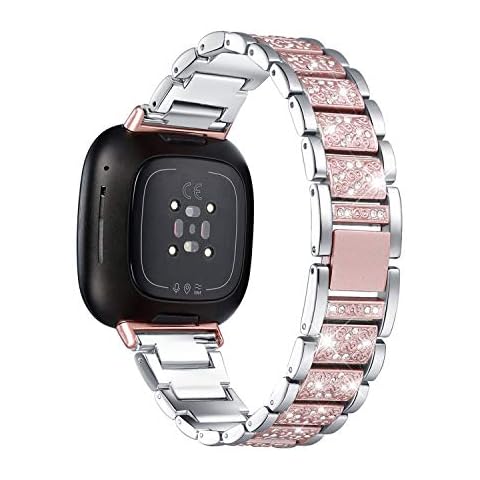 Mtozon Bling Bands Compatible with fitbit Sense 2/Sense/Versa 4/Versa 3, Women Replacement Wristbands Dressy Luxurious Bracelet for Ladies, Silver + Rose Gold Cover