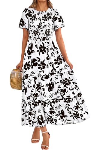 Image of PRETTYGARDEN Women's 2026 Summer Casual Flutter Short Sleeve Boho Floral Maxi Dress Crew Neck Smocked Tiered Long Dresses