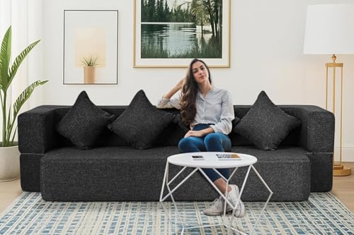 Image of C-Type Sofa Cum Bed 3-Seater Convertible Jute Fabric Sofa with 4 Cushions, Modern Space-Saving Design for Living Room & Guest Room (Black Color)