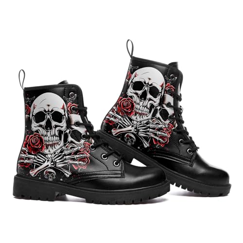 Image of Custom Black Combat Boots for Women Fashion Lace-Up Skull Rose Ankle Booties Chunky Heel Platform Leather Boots