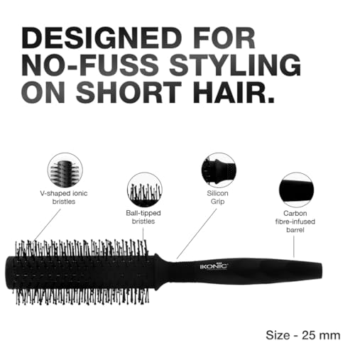 Image of Ikonic Professional Carbon Fibre Roller Brush with Ionic Technology, Anti Frizz Styling, Curling, Volumizing & Waves for Women & Men, All Hair Types, Heat Resistant, Salon & Personal Use - CFB 25