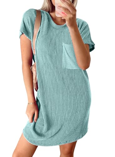 Image of Acelitt Womens Casual Summer Crewneck Short Sleeve Ribbed Mini Tshirt Dress, XS-3XL