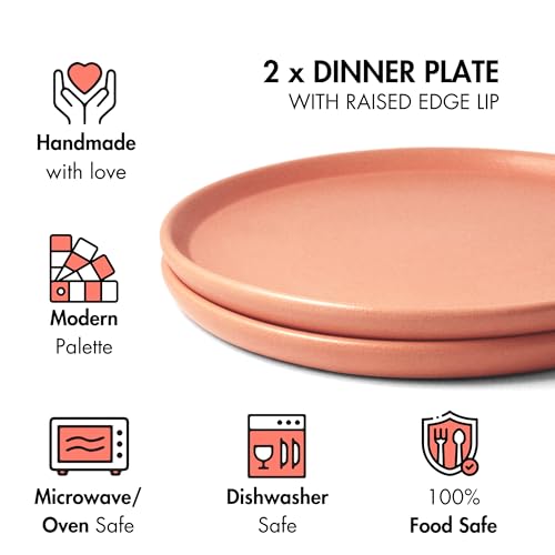 Image of Ceramic Dinner Plates, 2 Pcs | Rim Plate for Easy Eating | Microwave, Oven, Dishwasher Safe | Set of 2 Ceramic Plates for Dinner | Handmade | (Flamingo Pink, Dinner Plate)