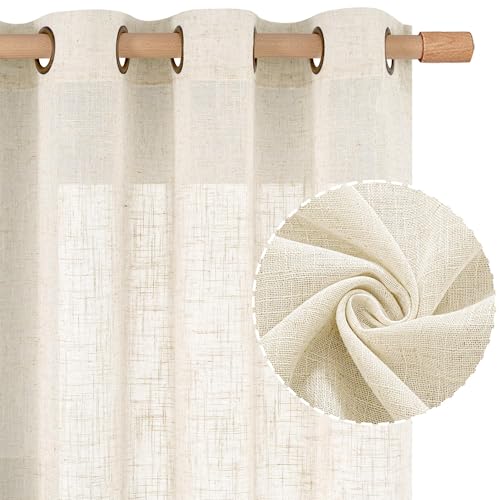 Image of LAMIT 68 Inch Semi Sheer Linen Curtains for Bedroom 2 Panels, Cream Ivory Light Filtering Window Drapes Bronze Grommet Neutral Boho Panels for Living Room /Farmhouse, 52 x 68 Inch