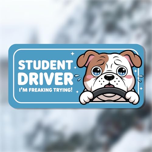 Image of 7.6x3.6 Student Driver Magnet - Adorable Crying Dog Design: Please Be Patient - Funny and Cute Car Decor for New, Teen, and Learner Drivers (Bulldog Student Driver Magnet)