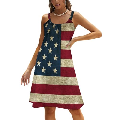KAOEOSI Rustic American Flag Women's Sling Dress Summer Sleeveless Knee Length A Line Dresses Beach Skirt 3XL