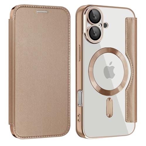 MuZiF iPhone 16 用 ケース 手帳型 Magsafe対応 クリア 背面 透明 高級なPUレザー 永久磁石 マグネット スマホケース カード収納、人気財布型 カバー 軽量 アイフォン16 用 手帳カバー (iPhone 16用,きんいろ)