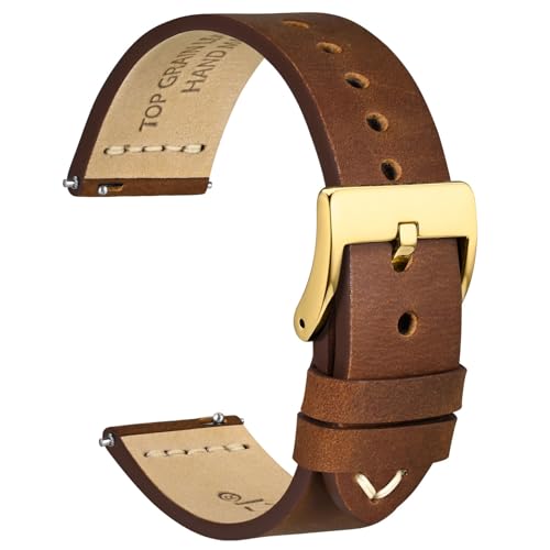 WOCCI 21mm Old-fashioned Watch Band for Men, Top Grain Leather, Golden Polished Buckle (Caramel Brown)