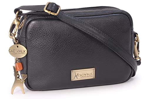 Catwalk Collection Handbags - Bolso Bandolera Pequeño de Piel Auténtica - Bolso de Mano Mujer - Bolsito Cruzado con Correa Desmontable - Polly - Negro