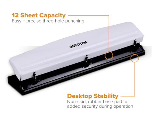 Image of Bostitch 3-Hole Punch, 15 Sheet Capacity, Heavy Duty All-Metal Paper Punch, Non-Slip Base, Easy-Empty Chip Tray, 9 /32 inch Holes, Fits Standard 3 Ring Binders, Office, School & Home, White
