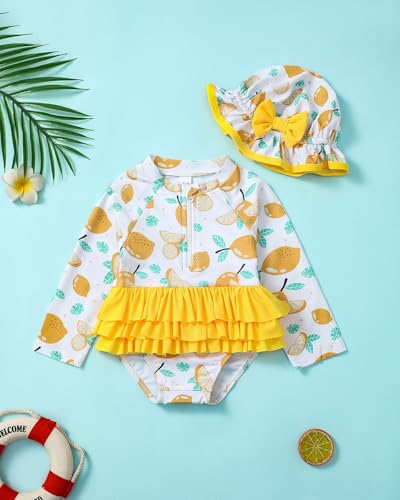 Image of Toddler Girl Swimsuit Baby Girl Bathing Suit Long Sleeve Floral Zipper One-Piece Rash Guard Swimsuit with Hat