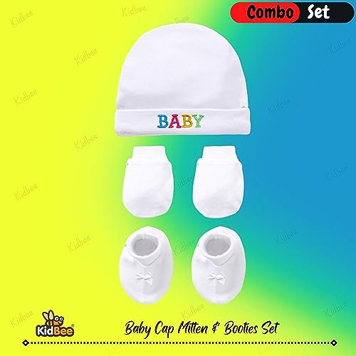 Image of Kidbee Baby Cotton Booties Mittens and Caps Combo for New Born Babies (0-6 Months)