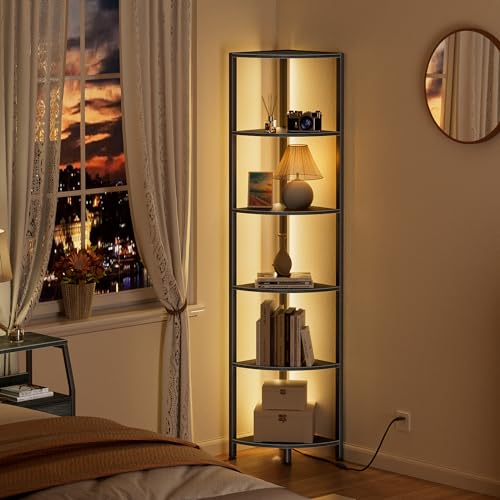 image for Furnulem 6 Tier Corner Shelf with LED Light, 67.5” Tall Standing She