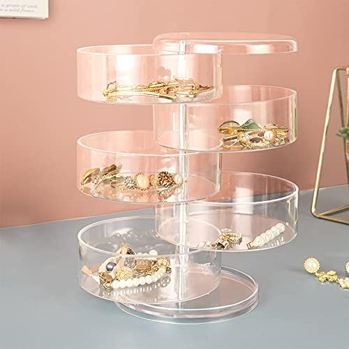 5 Tier Jewelry Organizer Box, Rotating Organiser Case, Clear Acrylic Hair Accessories Storage, Durable Dustproof, 360 Free Rotation, for Necklace Bracelet Ring Earring Small Items Container Case