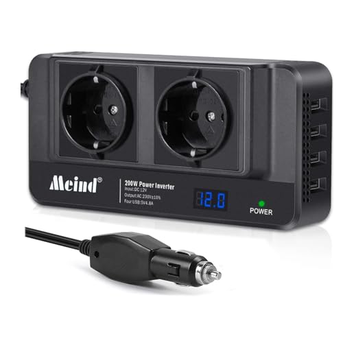 Inversor de voltaje para coche, 200 W, 12 V a 230 V, corriente sinusoidal pura, 2 enchufes de CA europeos, con 4 conectores USB y enchufe para encendedor de cigarrillos