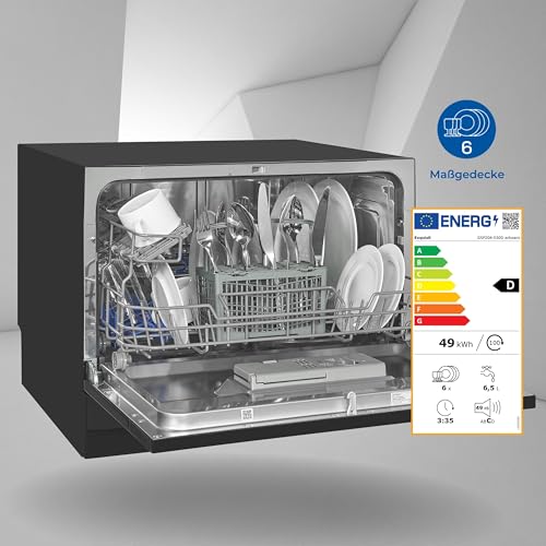 Exquisit Tischgeschirrspüler GSP206-030D schwarz | Spülmaschine 55 cm freistehend | Kleiner Geschirrspüler 6 Maßgedecke | Tischspülmaschine LED Display