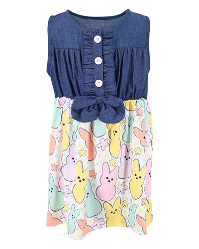 Image of Unique Baby Girls Sleeveless Denim Dress with Knot Tie and Fun Print for Toddler and Big Kids