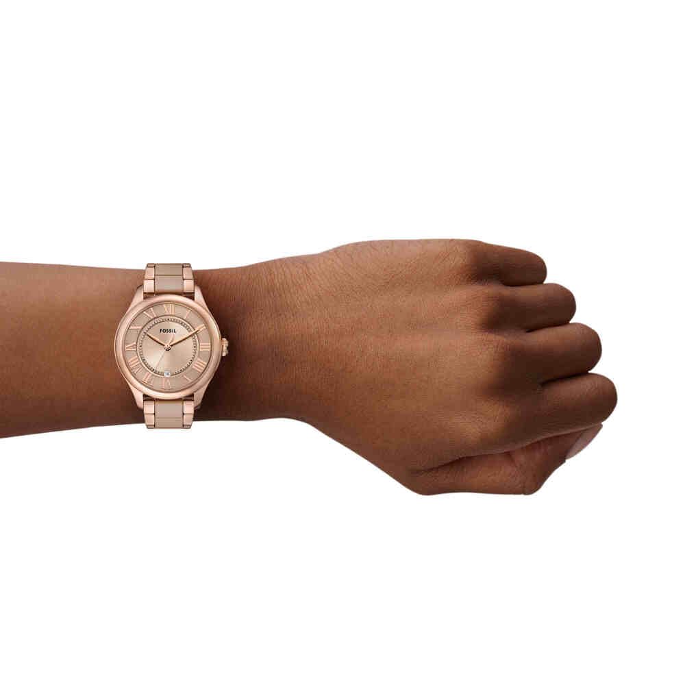 Fossil Gilmore Reloj Mujer, Movimiento de Cuarzo Tres Agujas Fecha con Correa de Acero Inoxidable o Cuero
