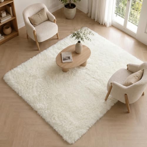 BEIMO Tapis de Salon Shaggy Tapis Chambre Moderne à Poils Longs et Moelleux, Grand Doux Tapis de Sol Pelucheux Dessous Antidérapant, Blanc Neige, 160x230cm
