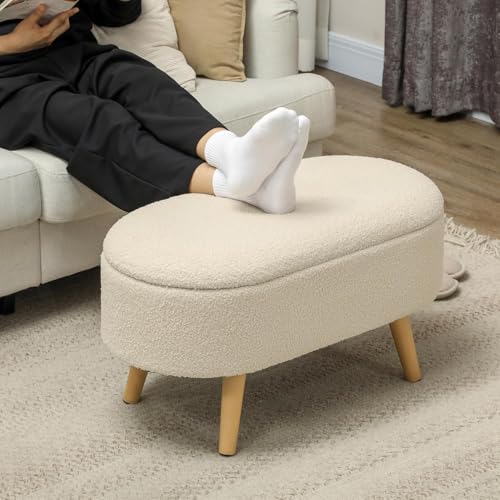 Image of Upholstered Ottoman Bench with Storage, Boucle Fabric, 39 Litre Hidden Storage, Heavy Duty 120 Kg Load Capacity, Multipurpose Seating for Living Room & Bedroom, Cream
