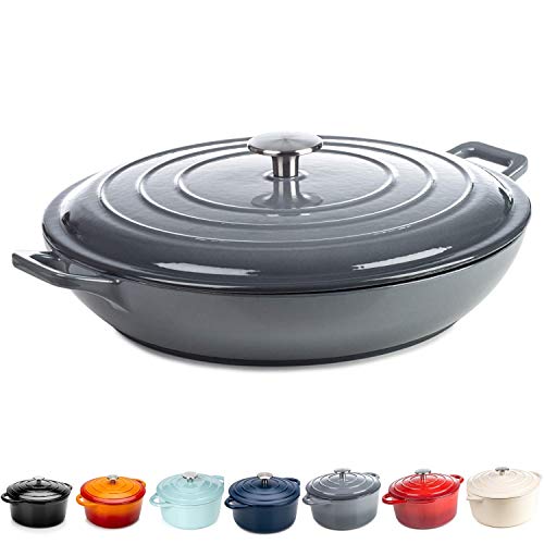 Round Casserole Dish Cast Iron Ceramic Induction and Gas Safe Dutch Oven Roasting Cooker with Lid 10 Year Gurantee 34 Casserole Grey