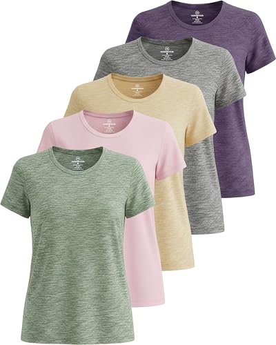 Image of Real Essentials 5 Pack: Women's Dry Fit Tech Stretch Short-Sleeve Crew Neck Athletic T-Shirt Available in Plus Size Set Medium