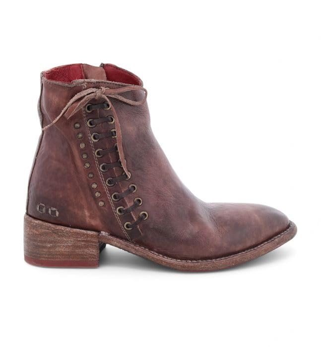 Bed Stu Aldine Leather Combat Boots Vintage Style Side Lace-Up Design with Metal Studs Stacked Block Heel