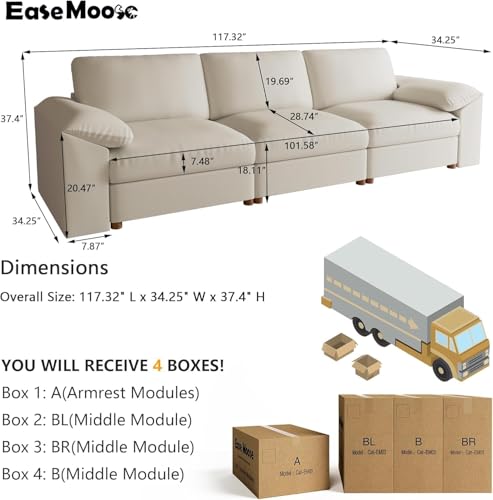 Image of EASE MOOSE Sectional Faux Leather Sofa, Scratch Resistant Couch, 3-Seater Oversized Modular Sofa, Modern Comfy Sofas Deep Seats for Small Spaces, Beige