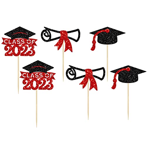 Gyufise 24Pcs 2023 Graduation Theme Cupcake Toppers Glitter Diploma Graduation Cap Cupcake Picks Class Of 2023 Cake Decorations For 2023 Graduation Theme Party Supplies Black Red #TOP2