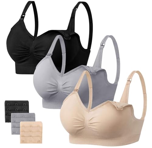 Image of Angelhood Womens Seamless Sleep Nursing Bra,Breastfeeding Maternity Bra with Remove Bra Pads Extenders Pack of 3