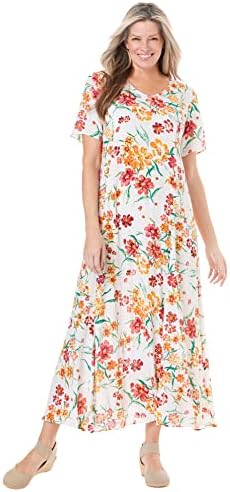 Woman Within Women's Plus Size Short-Sleeve Crinkle Dress - L, White Floral Multicolored