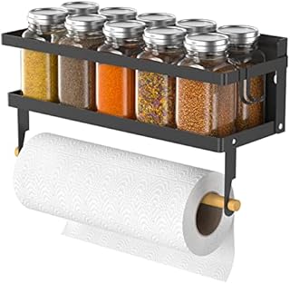 Spice Rack Magnetic Shelf with Paper Towel Holder Roll and Hooks, ARVINKEY Foldable Refrigerator Magnetic Spice Holder, Wall Mounted Seasoning Organizer Hanging Spice Storage Stand for Home Kitchen