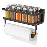 ARVINKEY Spice Rack Magnetic Shelf with Paper Towel Holder Roll and Hooks, Foldable Refrigerator Spice Holder, Wall Mounted Seasoning Organizer Hanging Storage Stand for Home Kitchen