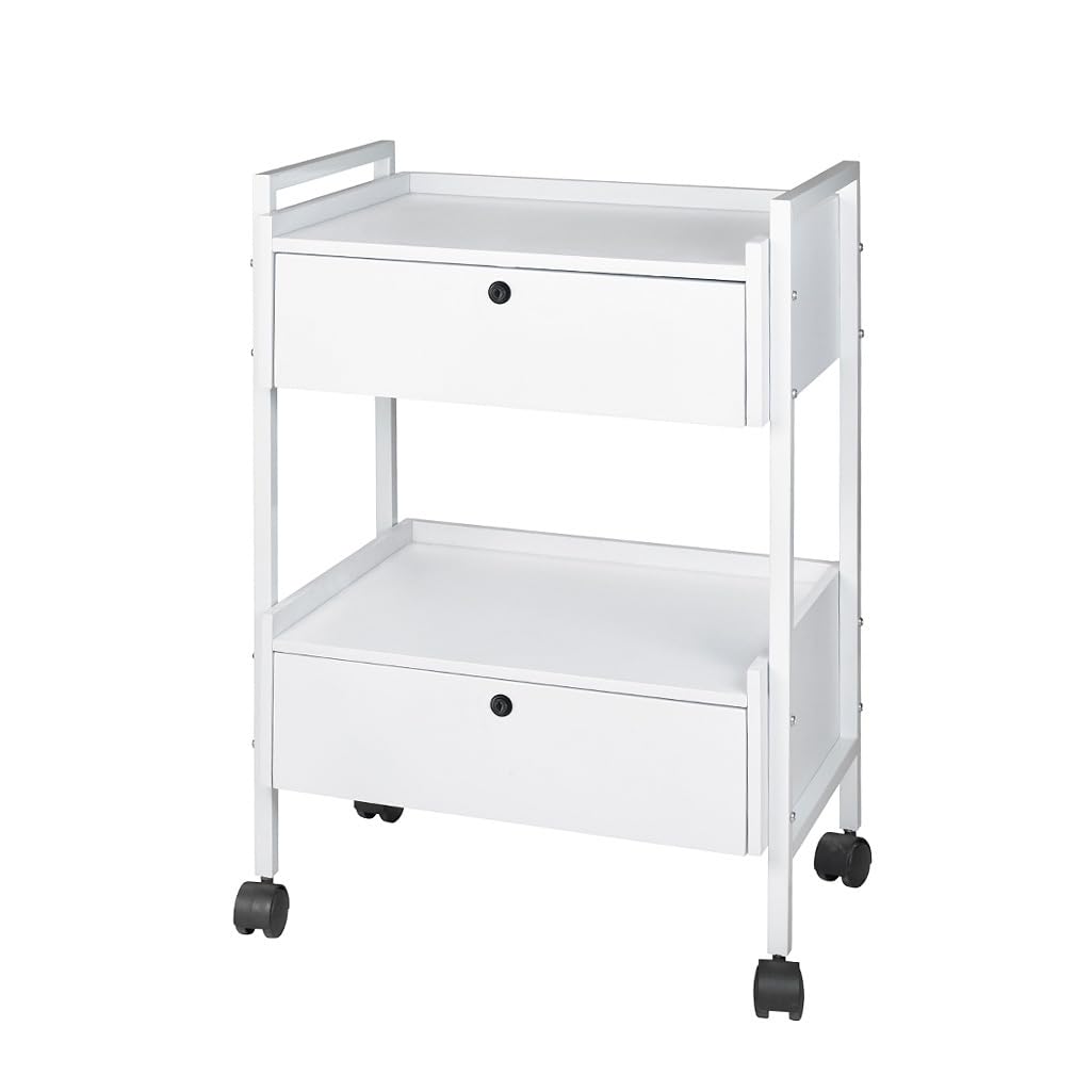 Beistellwagen 22 D SF – 2 abschließbare Schubladen, mobiler Studio-Wagen mit robustem Metallrahmen & stilvollem Design, ideal für Salons – Weiß